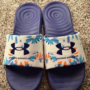 Under Armour Navy Blue and White Floral Slide Sandals for women
